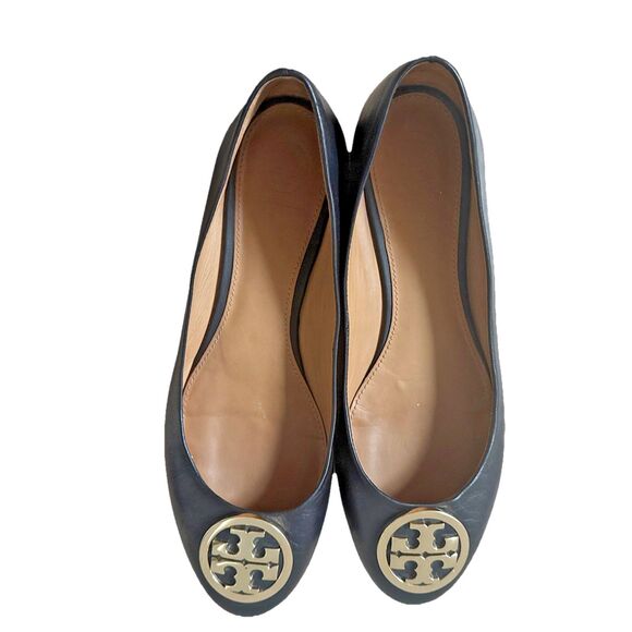 Tory Burch Claire Size 8.5 Black Nappa Leather Gold Tone Ballet Flats - Picture 12 of 12